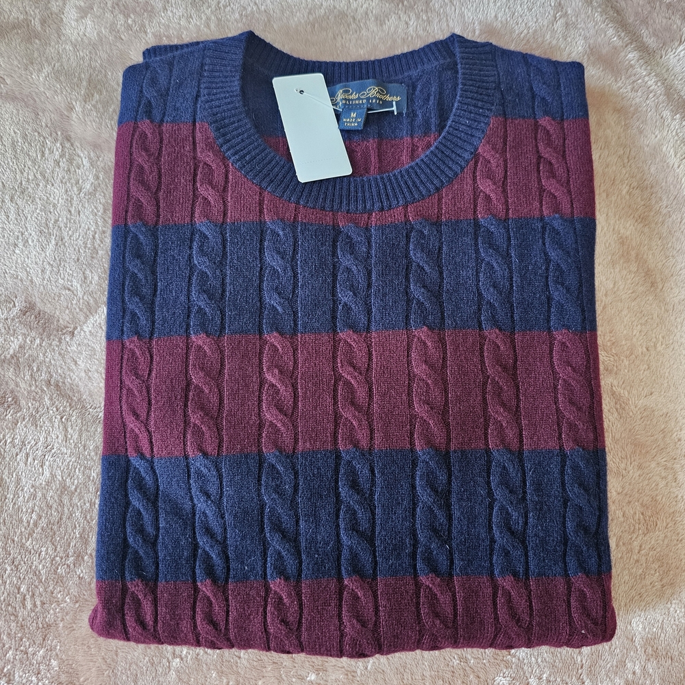 Brooks Brothers NWT Cashmere Wool Cable Knit Rugby Stripe Sweater